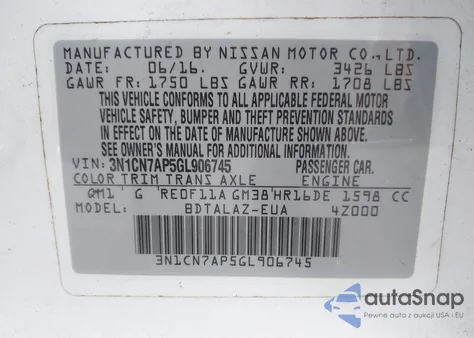 2016 Nissan Versa 1.6 S+ z USA, uszkodzony, nr VIN 3N1CN7AP5GL906745